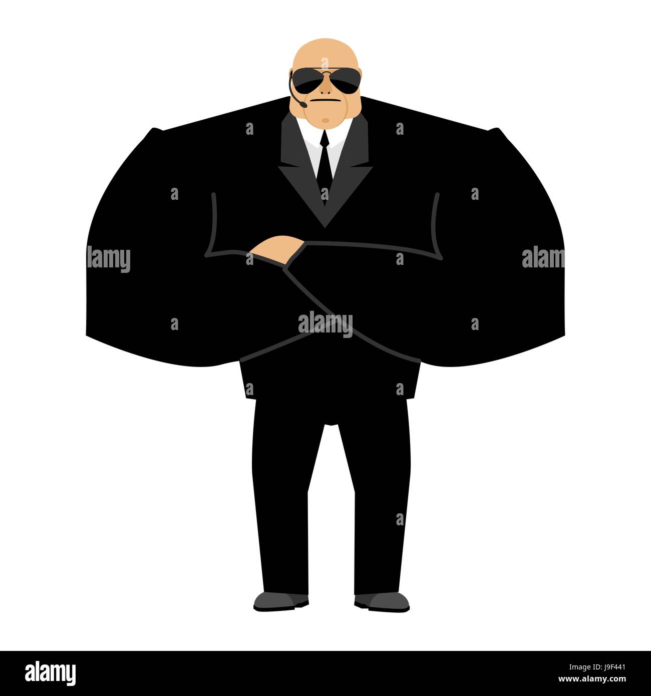 Bodyguard isolated. Security guard face control of nightclub. Black suit and hands-free. protection person on white background Stock Vector