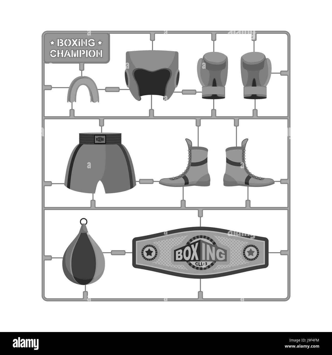 Boxing set. Collection champion. Gloves and protective helmet. Sports shorts and cap. punching bag and winner belt. Plastic Model kit Stock Vector