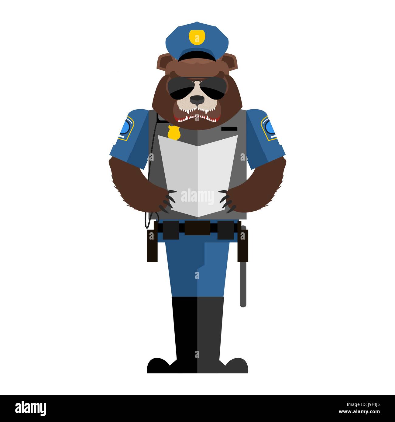 Bear policeman. Wild animal police form. Cap and body armor. grizzly in service of law. Cop Forest predator Stock Vector