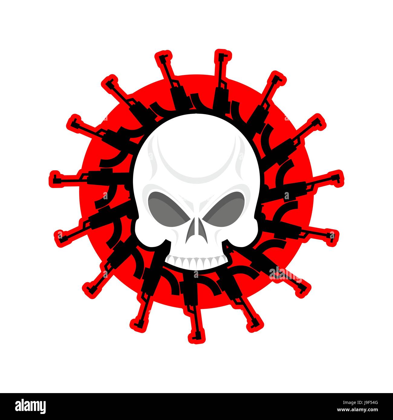Skull and guns. Head of skeleton and rifles. Military emblem. Army logo. War badge Stock Vector