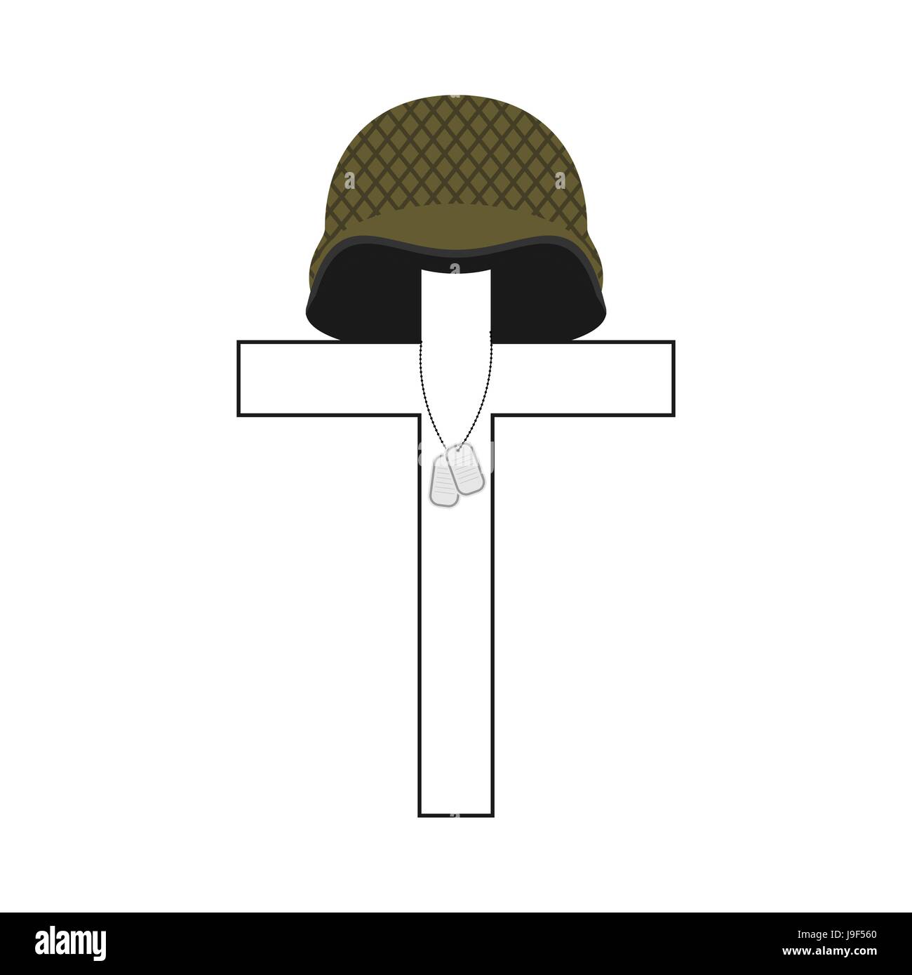 Grave of soldier. Cross and military helmet. Soldier badge. Patriotic memorial illustration Stock Vector