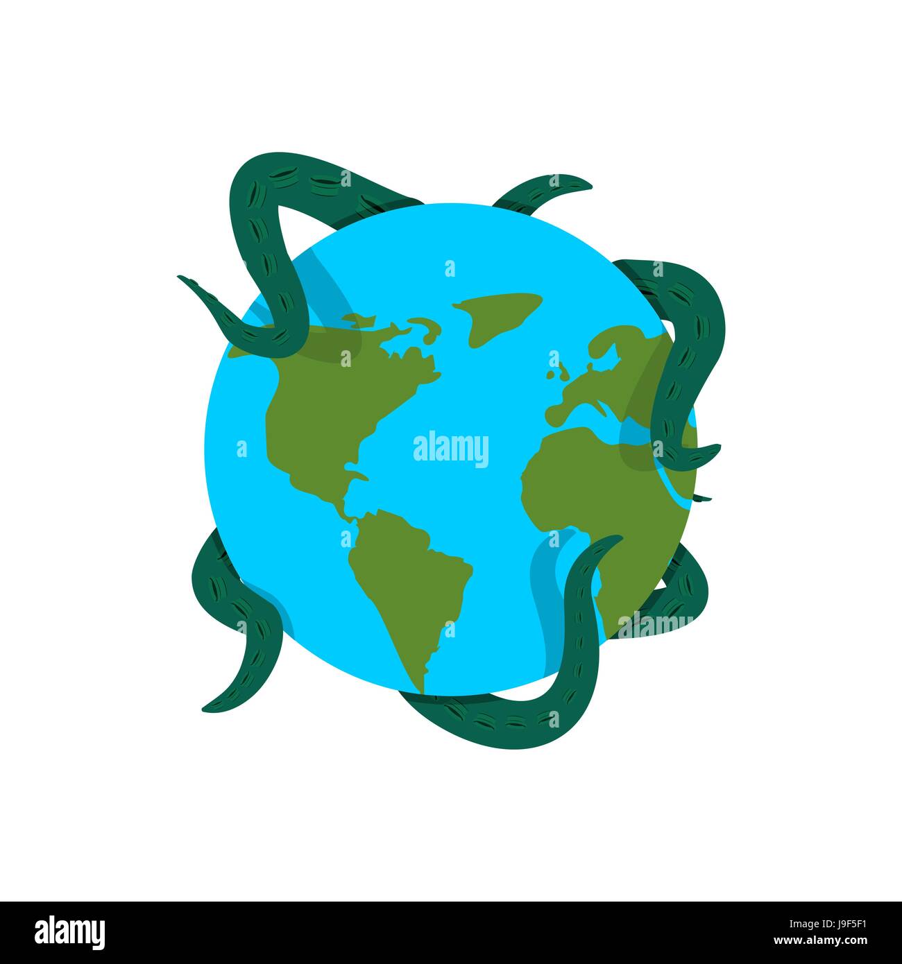 Earth in tentacles of monster. Cthulhu conquest of planet. Giant octopus hugging Globe Stock Vector