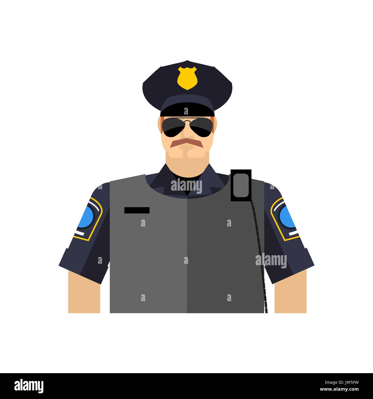 Police officer portrait. Policeman  in uniform. radio and body armor Stock Vector