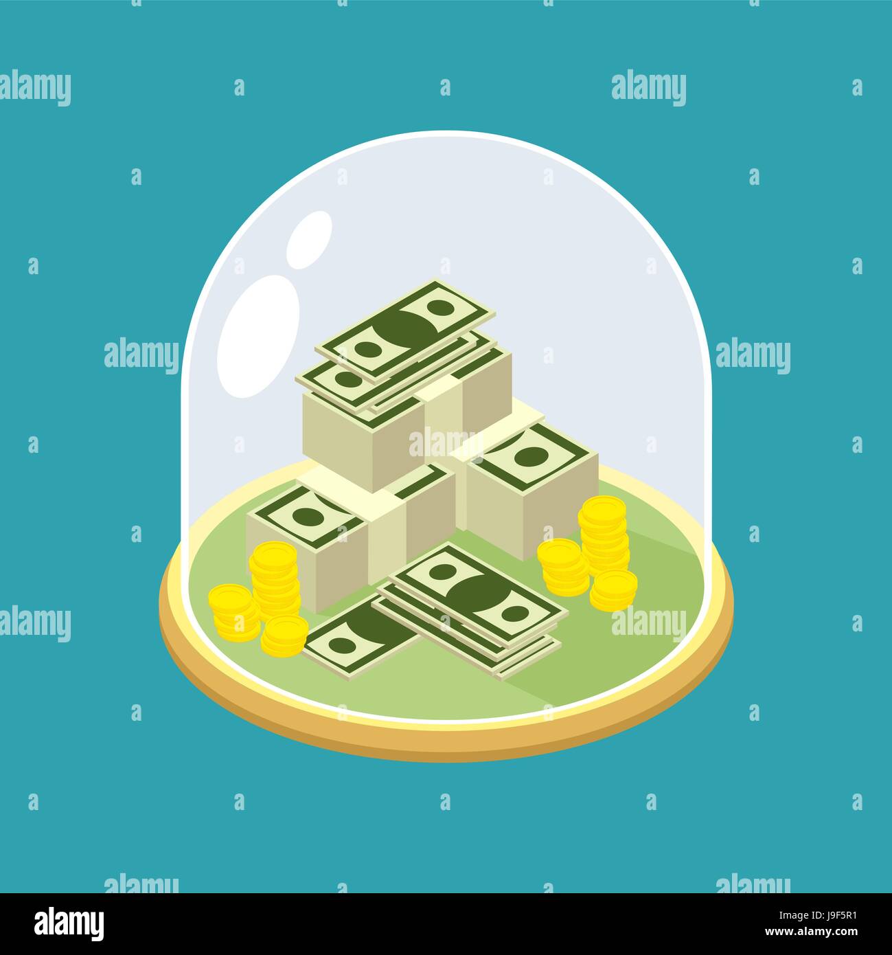 Money under glass Bell. Transparent dome for Finance. Protecting cash Stock Vector