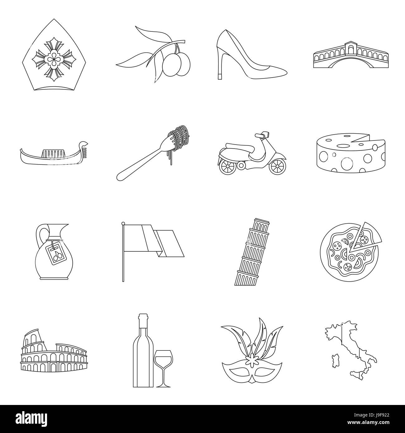 Italia icons set, outline style Stock Vector