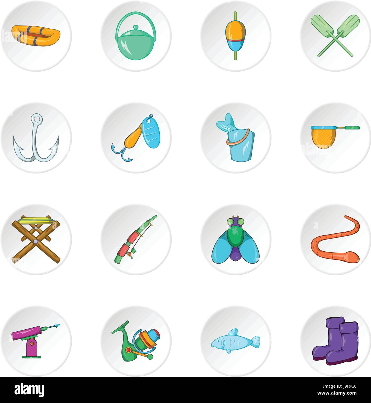 Fishing icons, cartoon style Stock Vector