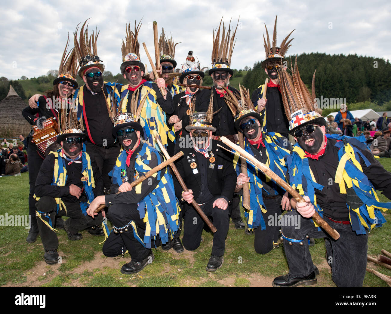 The Hook Eagle Morris Men entertain the crowds with dancing at The Beltain Festival in Butser Ancient Farm, Hampshire Stock Photo