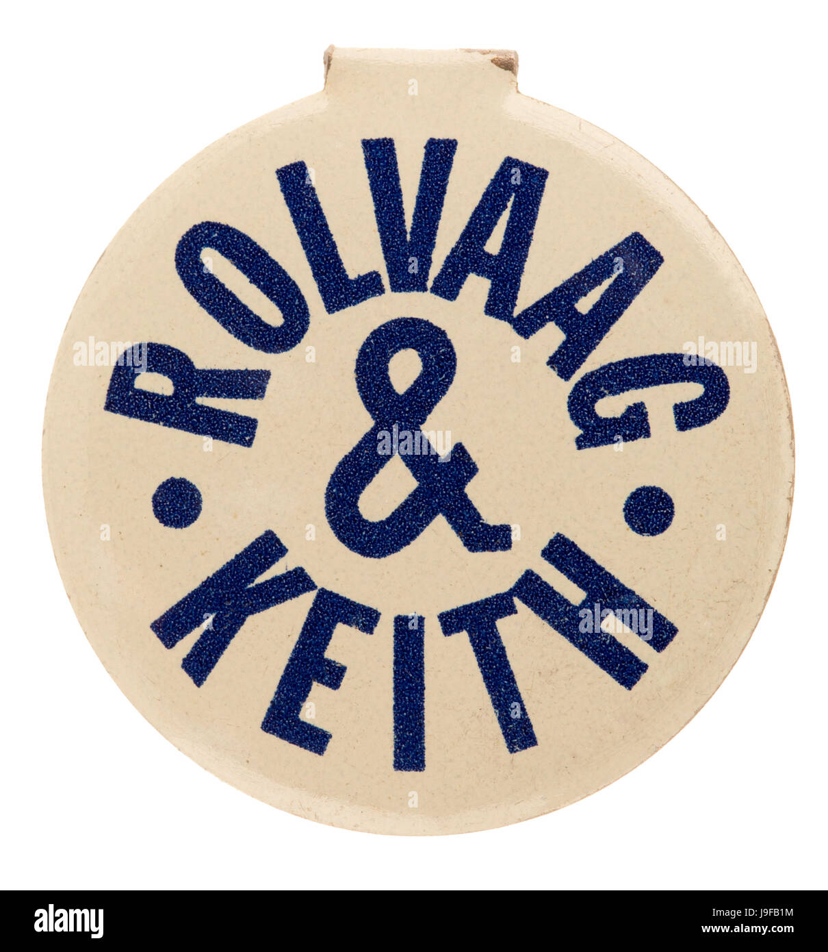 1962 metal blue and white tab for DFL nominees for Minnesota Governor Karl Fritjof Rolvaag and Lieutenant Governor A. M. (Sandy) Keith. Stock Photo