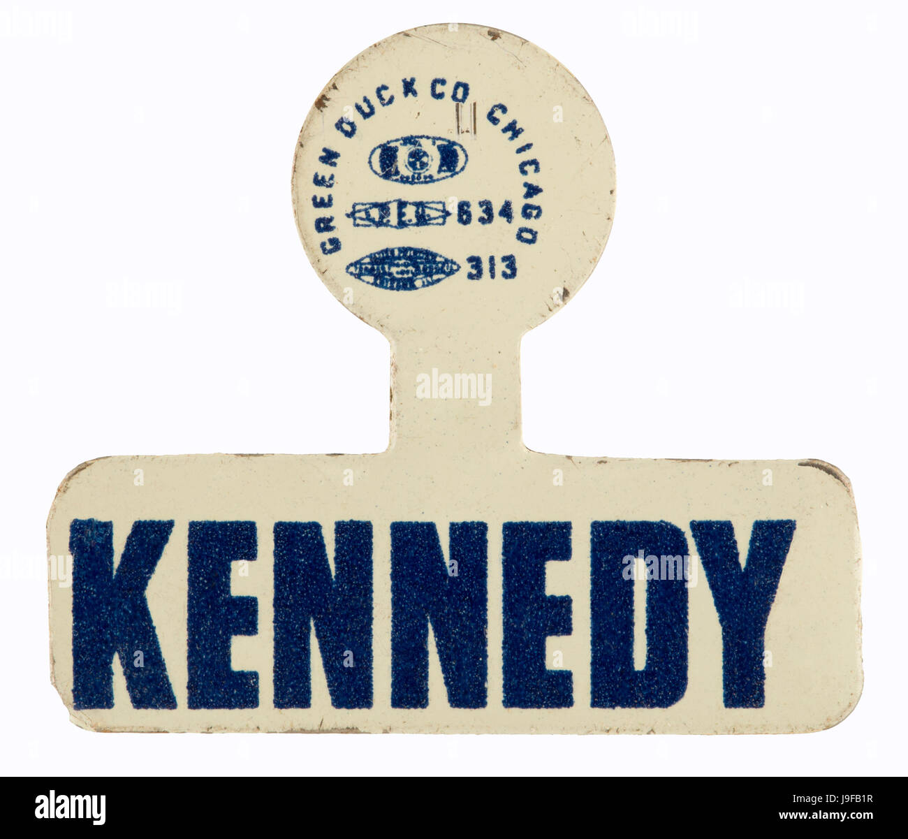 A 1960 blue and white metal lapel tab for democratic candidate John F. Kennedy for US President Stock Photo