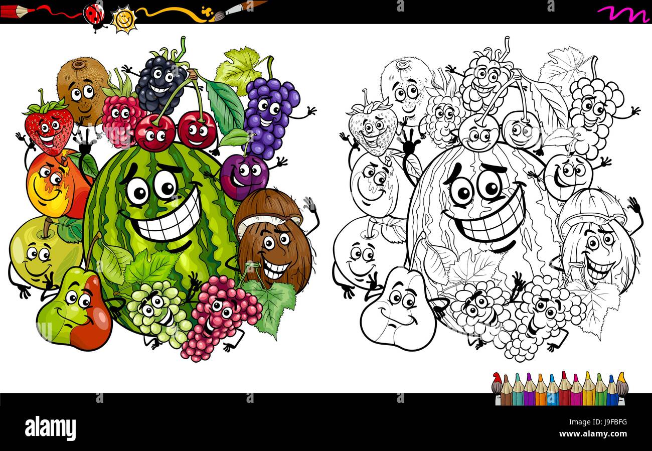 Cartoon Illustration of Happy Fruit Characters Group Coloring Page ...