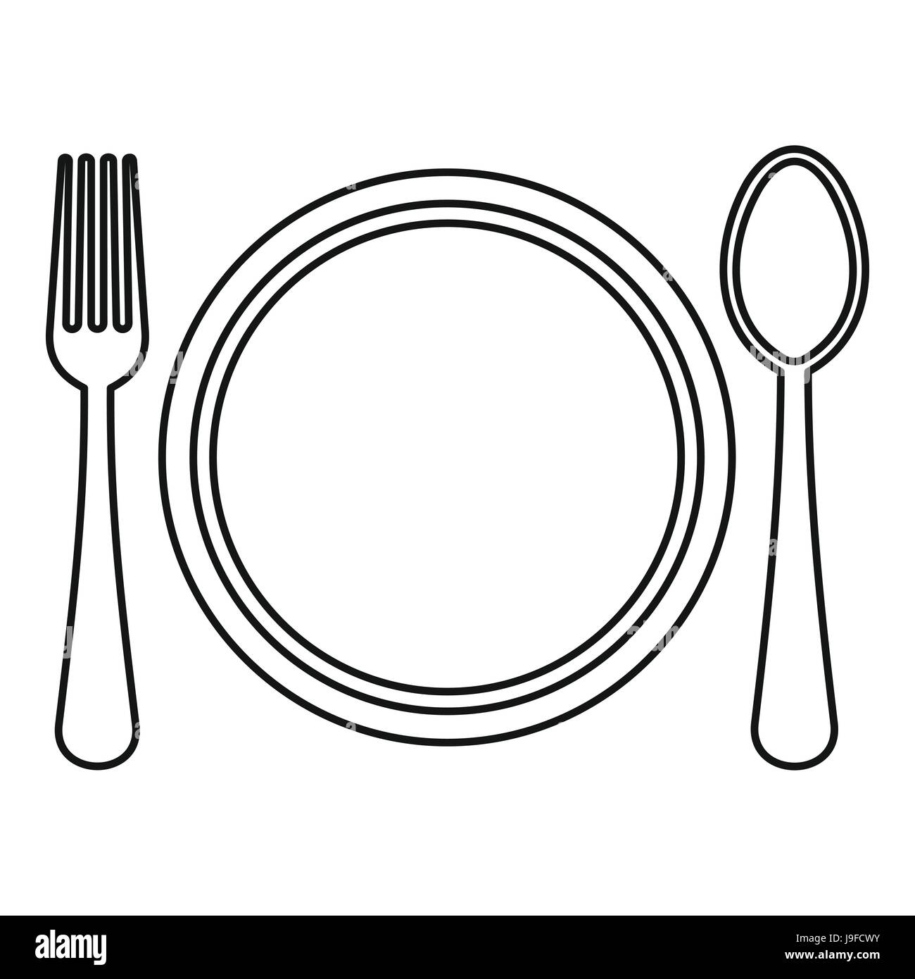 Plate, spoon and fork icon, outline style Stock Vector