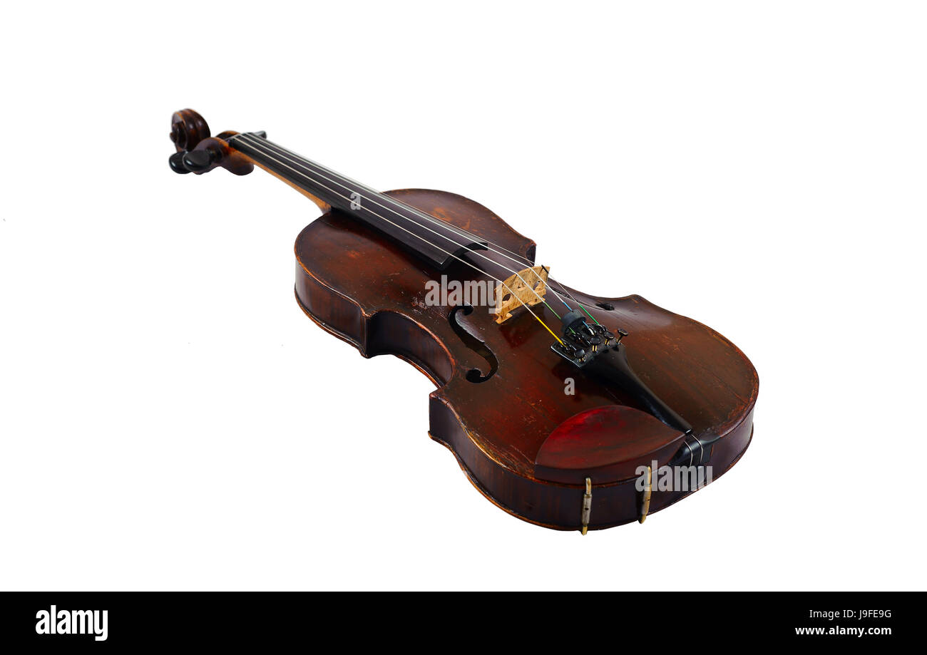 one violin image .old brown stringed wooden instrument isolated on the ...