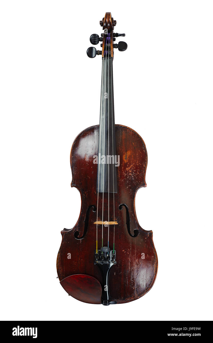 one violin image .old brown stringed wooden instrument isolated on the ...