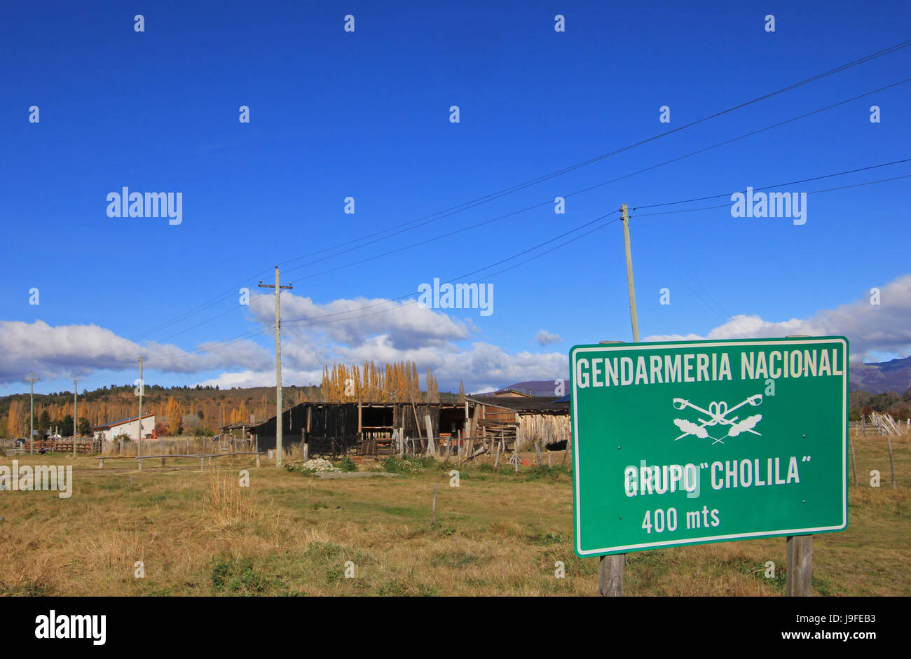 Signpost of the Cholila Police Station, those been chasing Butch Cassidy and Sundance Kid, Cholila, Argentina Stock Photo