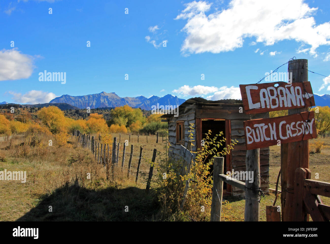 Sign to Butch Cassidy and Sundance Kid House, Cholila, Argentina Stock Photo
