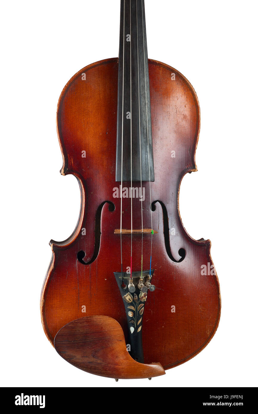 one violin image .old brown stringed wooden instrument isolated on the