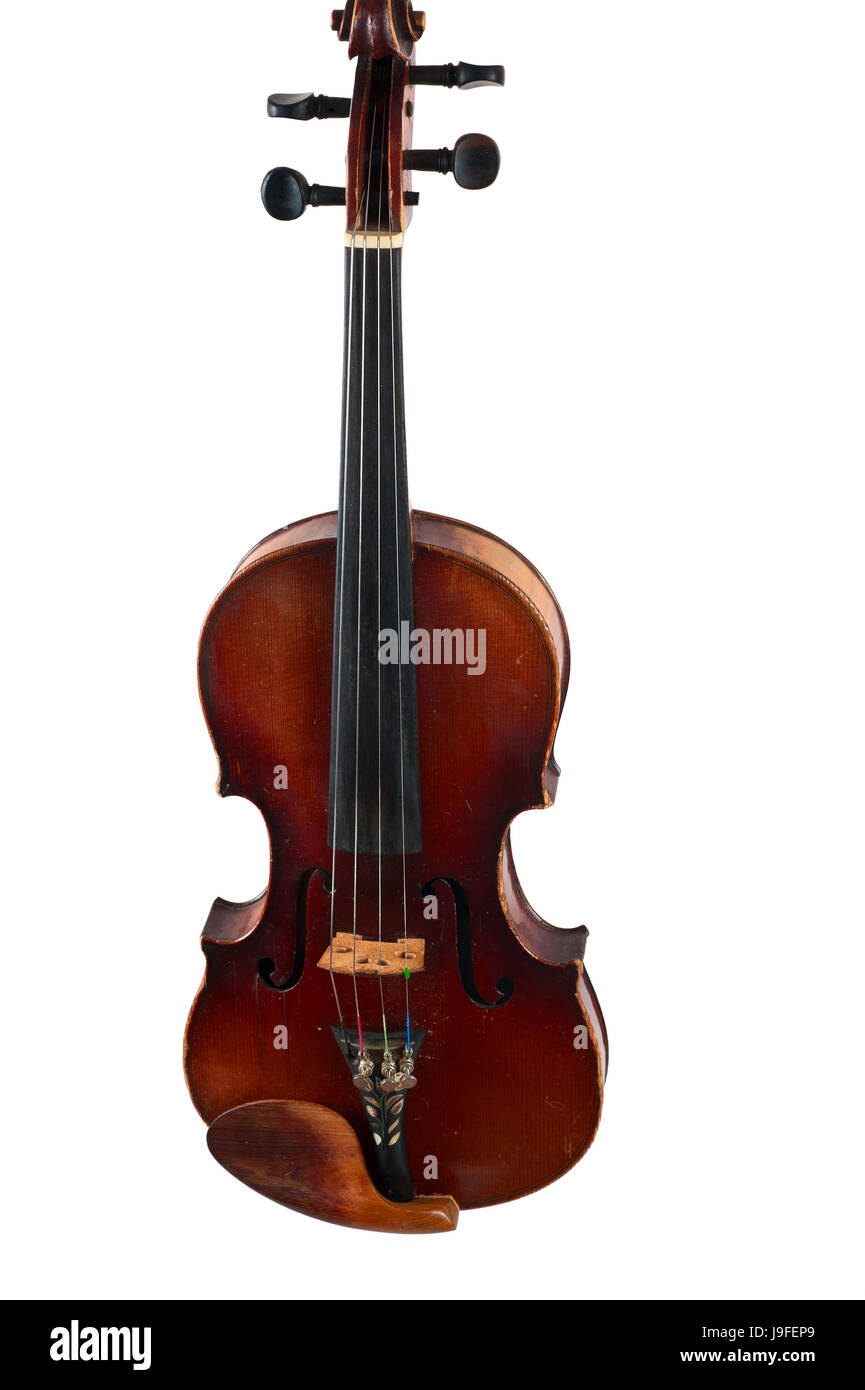 one violin image .old brown stringed wooden instrument isolated on the
