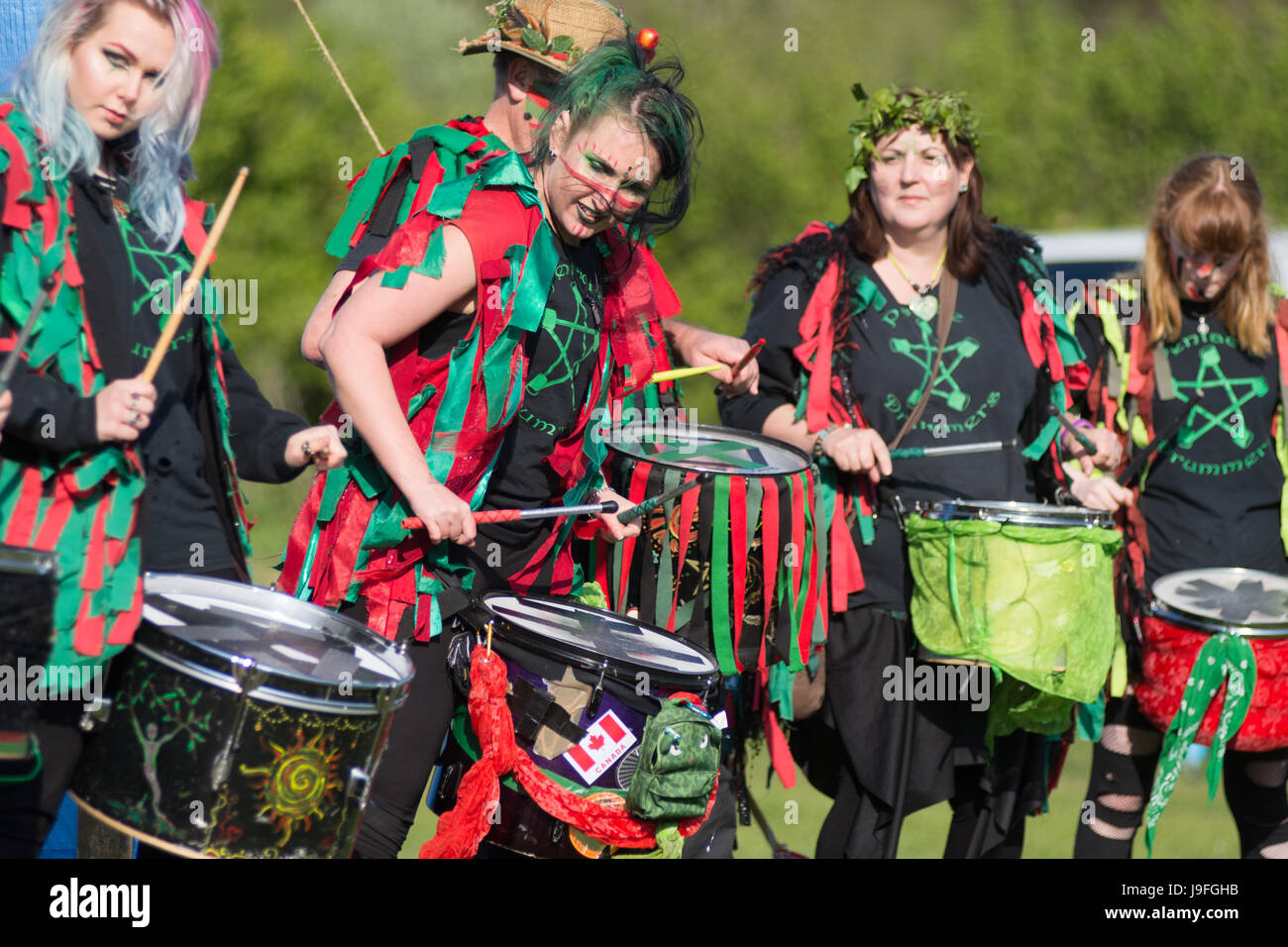 Pentacle Drummers at Betain Festival at Butser Ancient Farm, Hampshire, UK, April 2017 Stock Photo