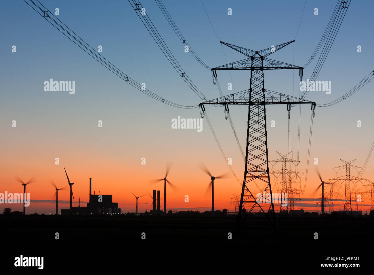 sunset, energy, power, electricity, electric power, wind energy, current mast, Stock Photo