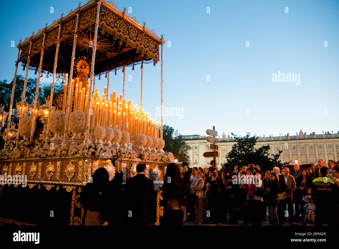 Holy Week procession, night view, Plaza de Oriente. Madrid, Spain. Stock Photo