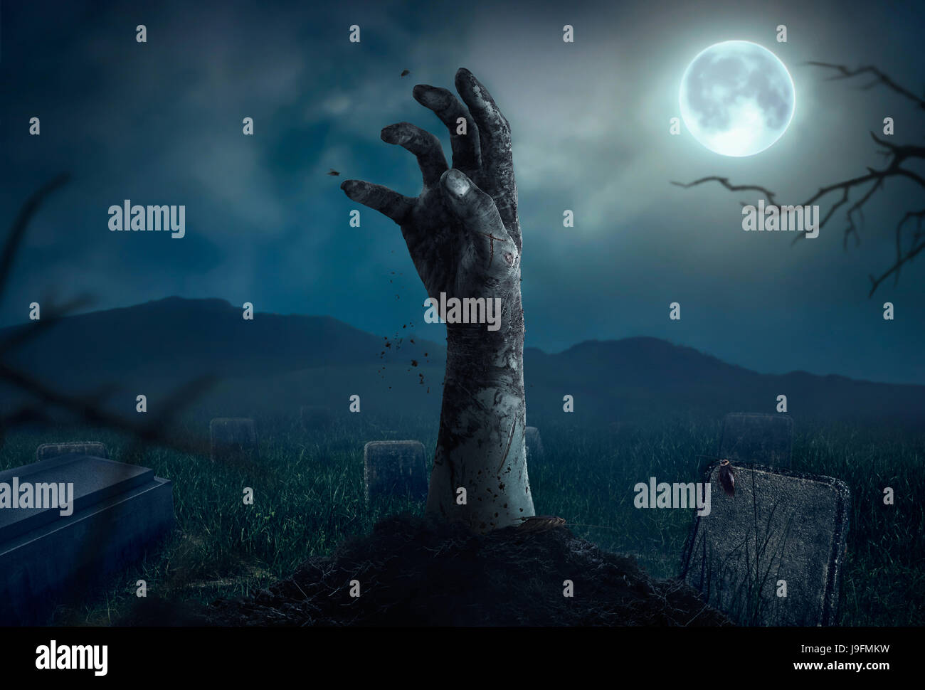 Zombie hands rising in dark Halloween night Stock Photo Alamy