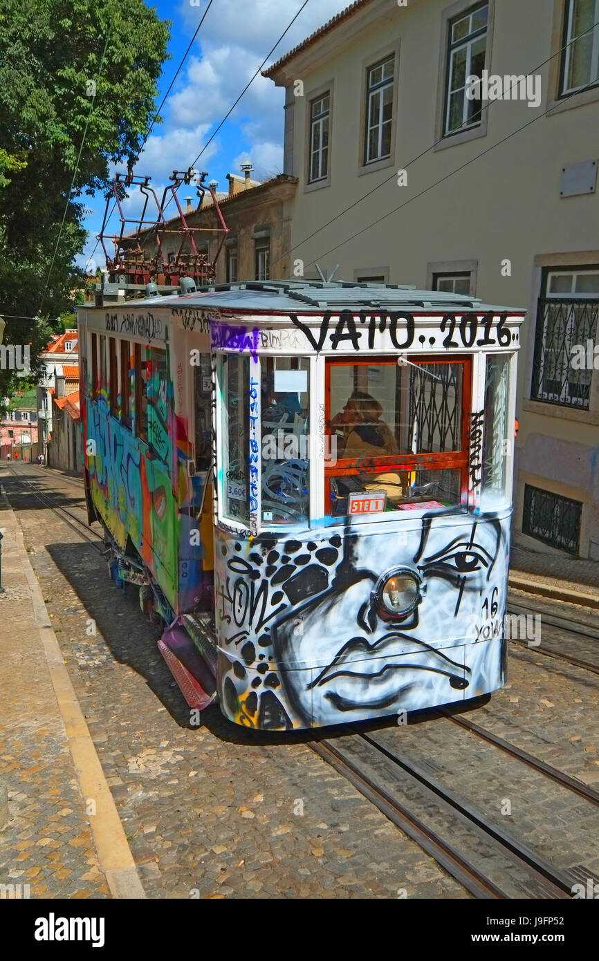 Funicular Tram Covered with Graffiti Lisbon Portugal Stock Photo
