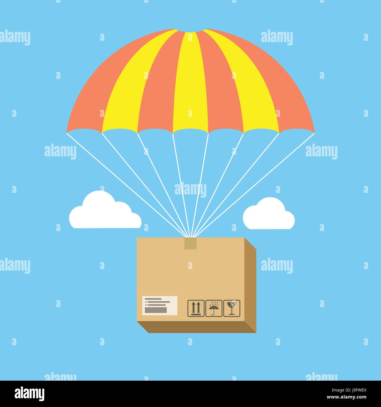 Package flying on parachute, delivery service concept. Flat design