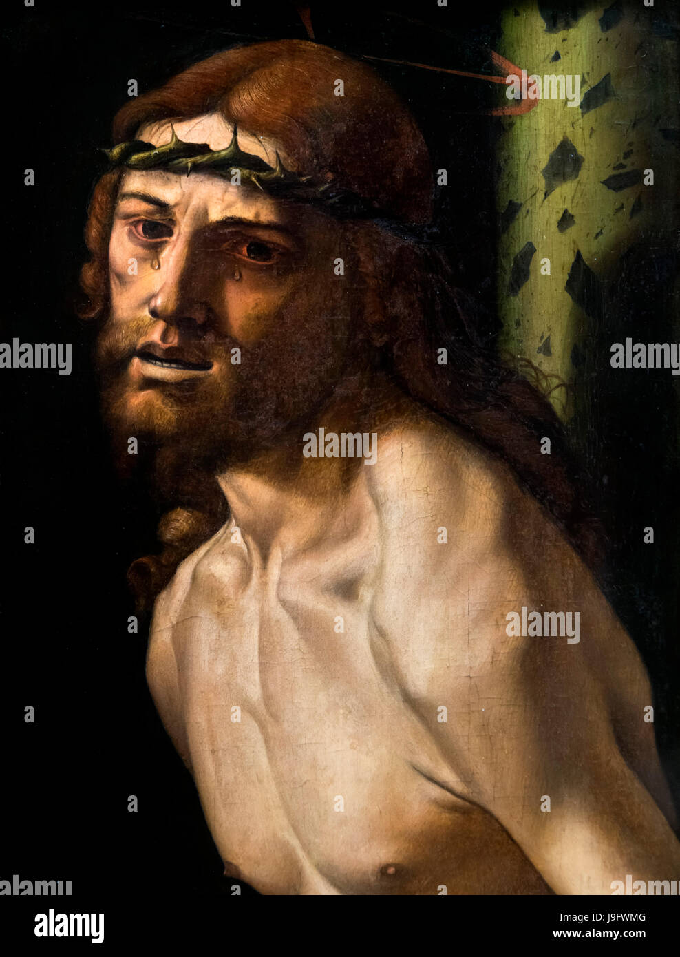 Jesus wearing a crown of thorns. 'Christ at the Pillar' by Bartolomeo Montagna (c.1450-1523), c.1495-1500 Stock Photo