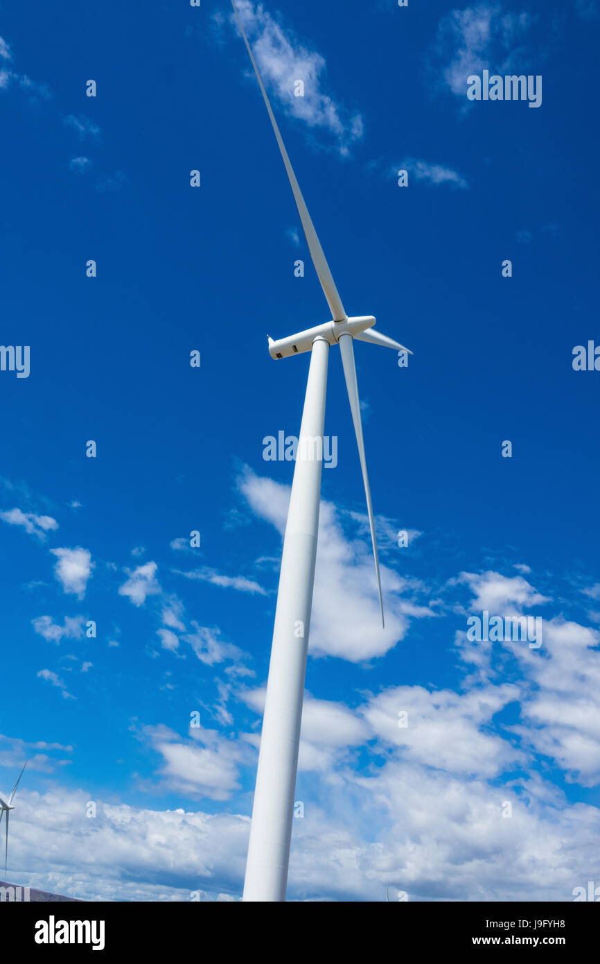 Single white wind turbine rising in a blue sky Stock Photo - Alamy
