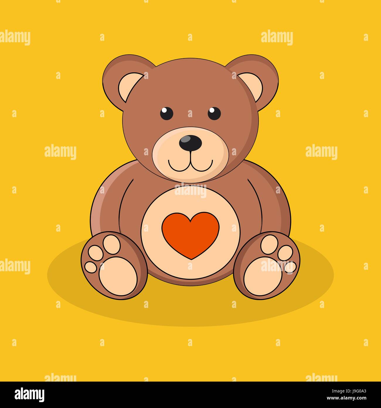 Cute brown teddy bear with red heart on yellow background. Vector ...