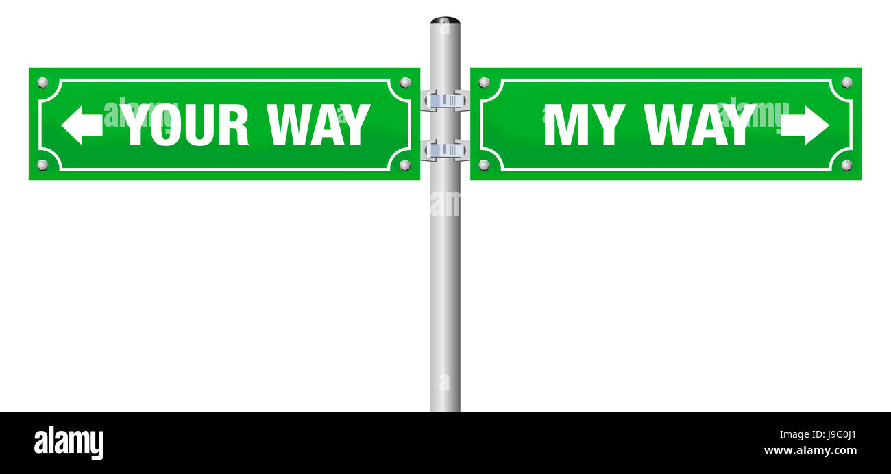 Going separate ways. MY WAY and YOUR WAY written on street signs - symbol for divorce, separation, for saying goodbye or farewell. Stock Photo