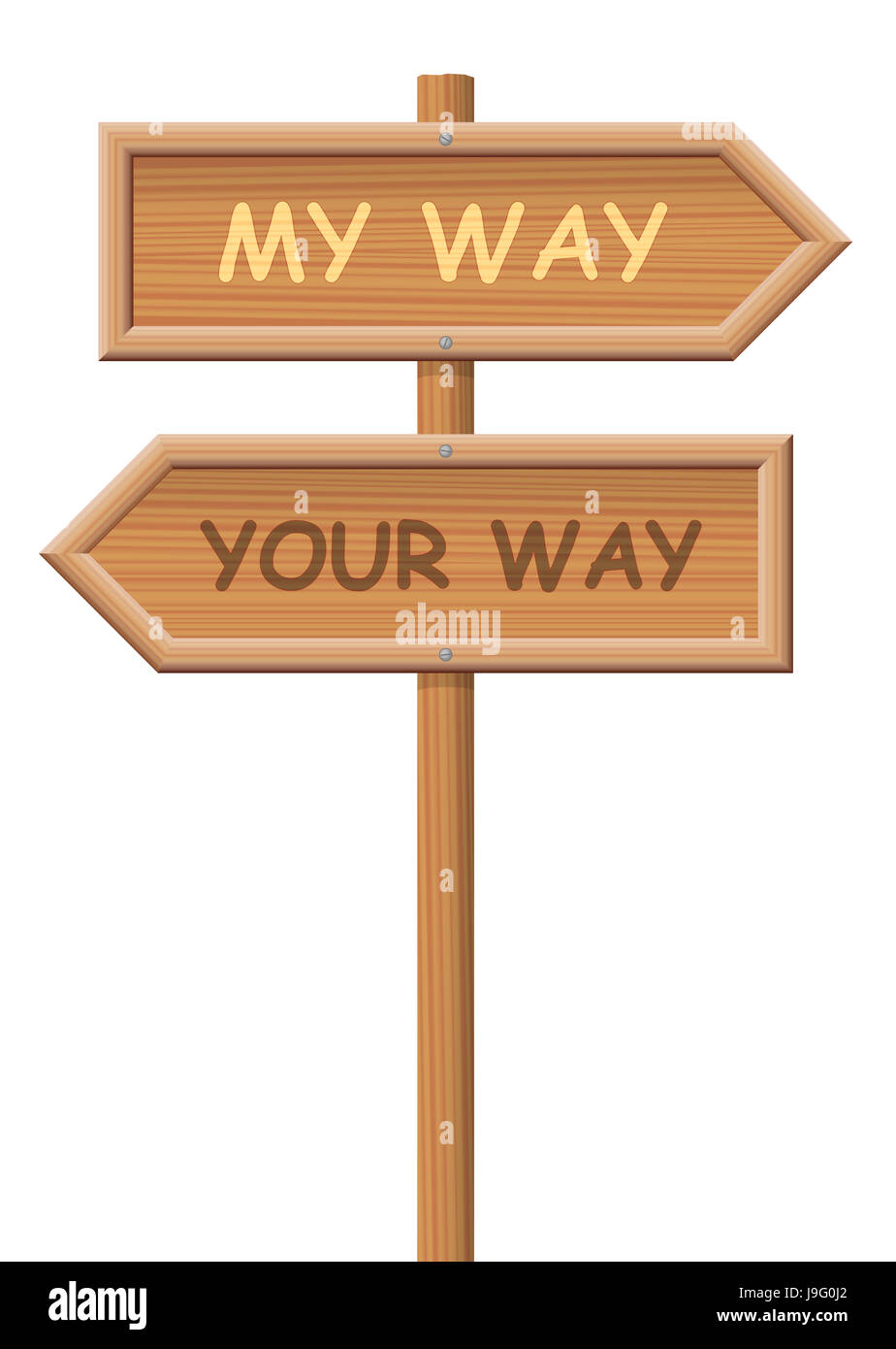 Go your own way. Signpost, that says MY WAY and YOUR WAY, as a symbol for going separate ways, different routes, opposite directions. Stock Photo