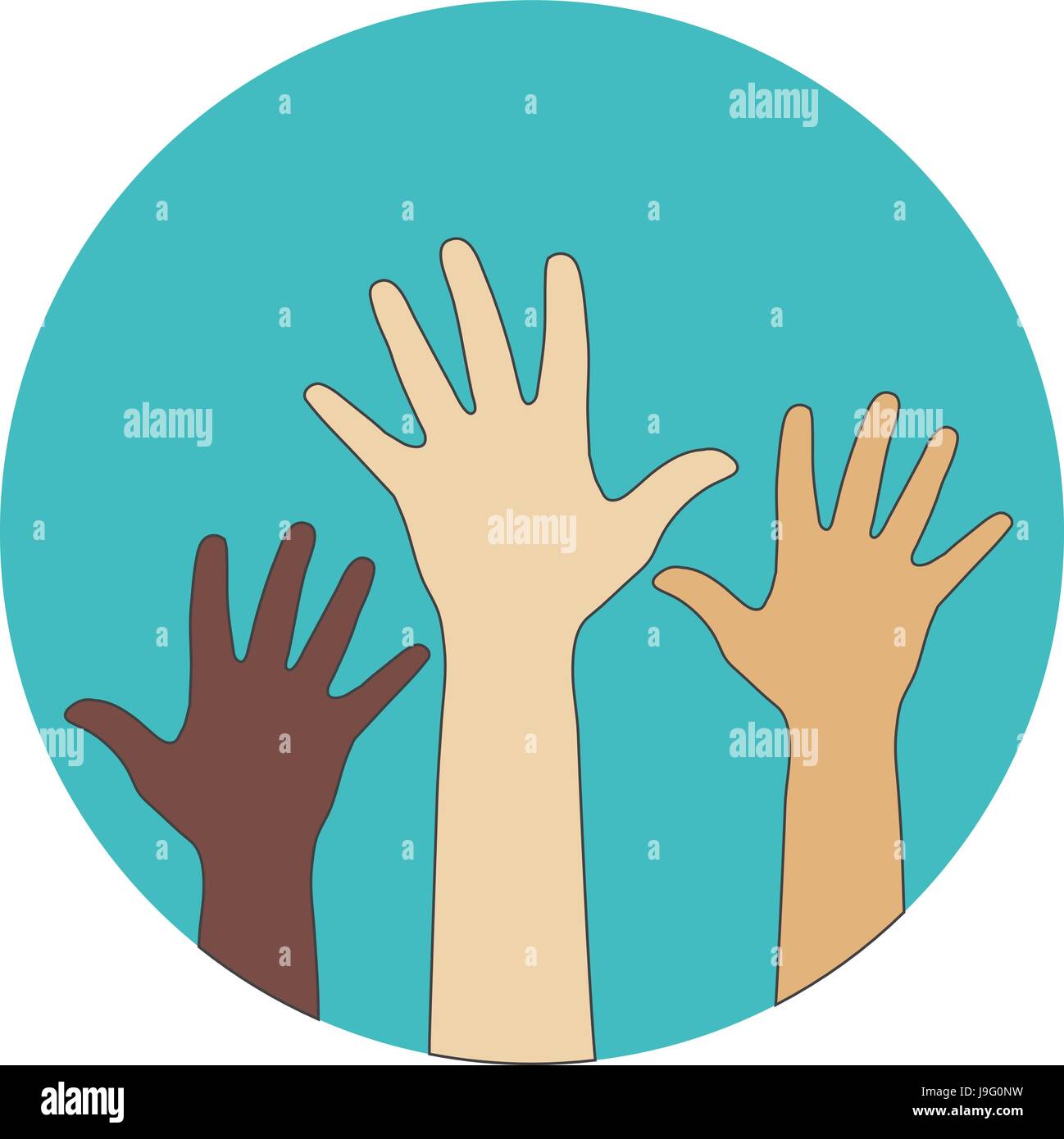 Circle flat icon. Hands raised up. Concept of volunteerism, multi ...