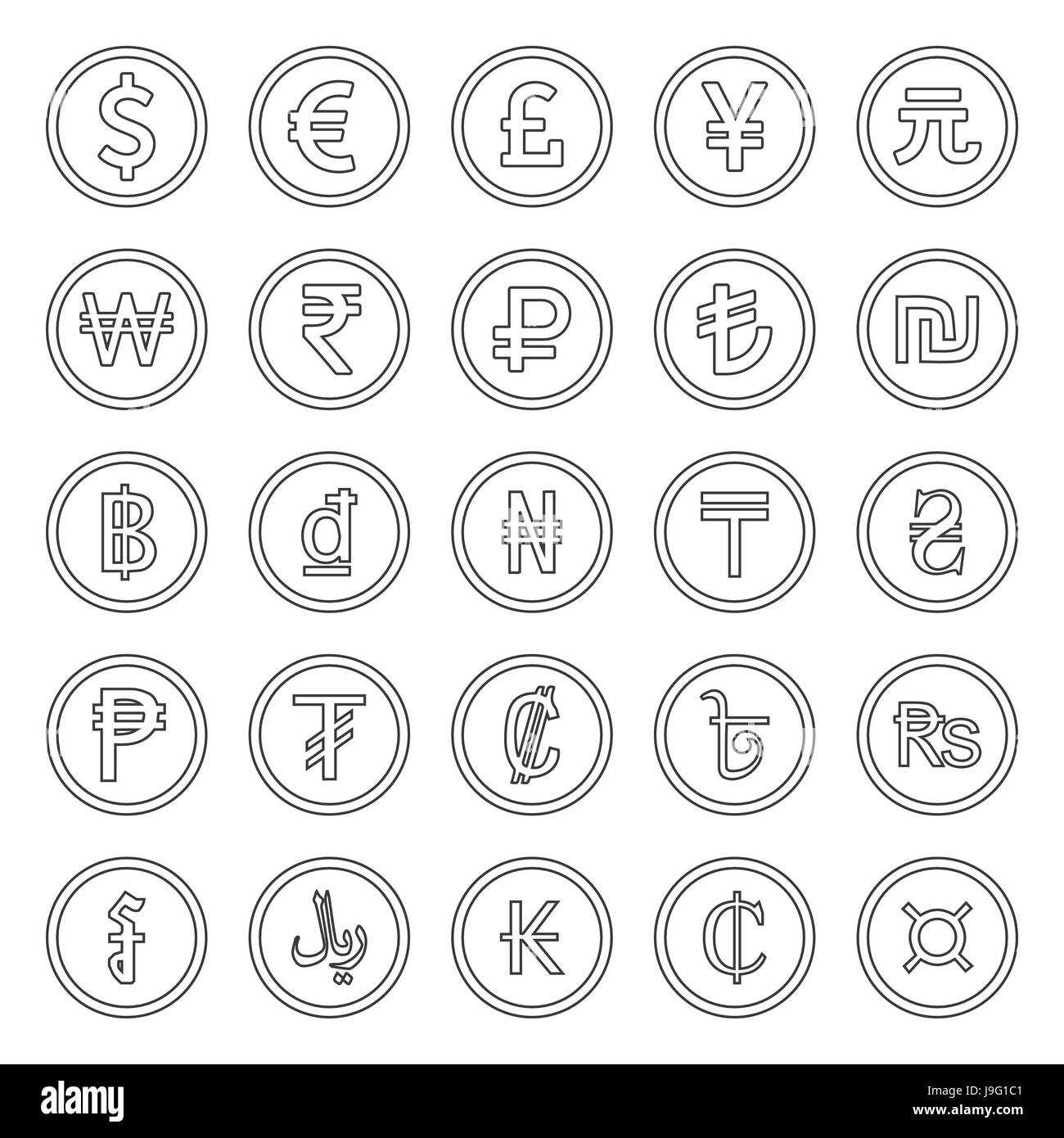 Currency Icons Set. Outlined black over white background Stock Vector