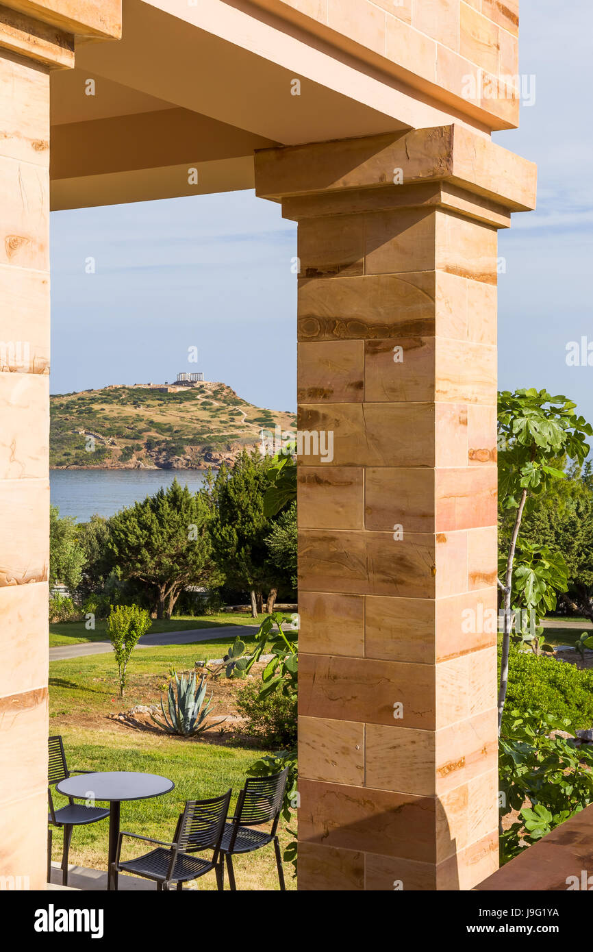 distant view on Temple of Poseidon through the columns Stock Photo