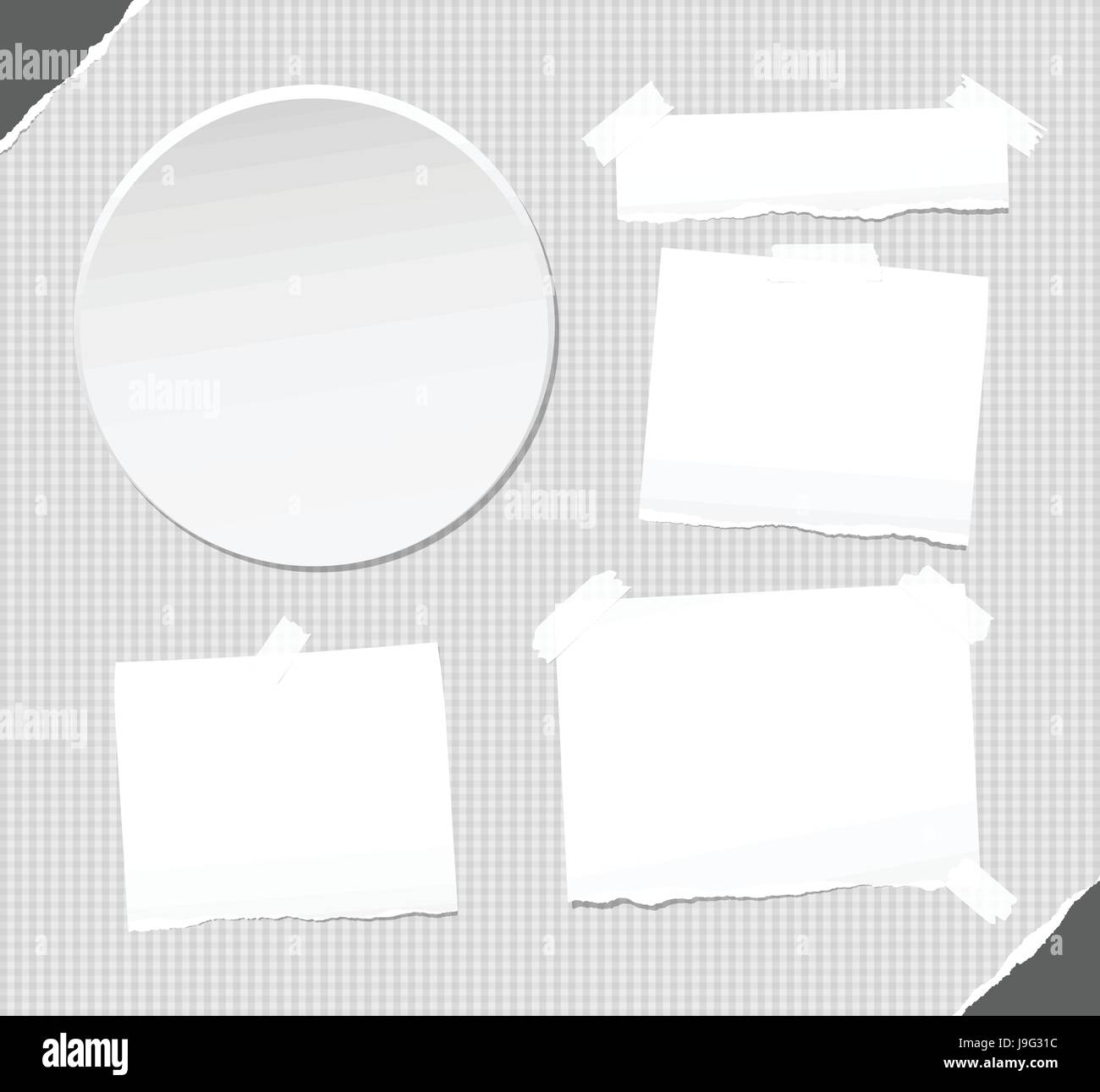 Round Ripped Note Book Background Ripped white note, notebook, copybook stuck with sticky tape on squared ...