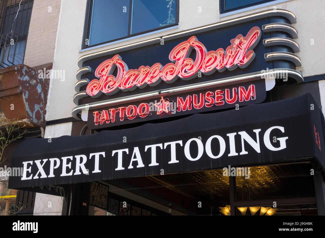 The Dare Devil tattooing shop and museum east of Chinatown in New York City Stock Photo