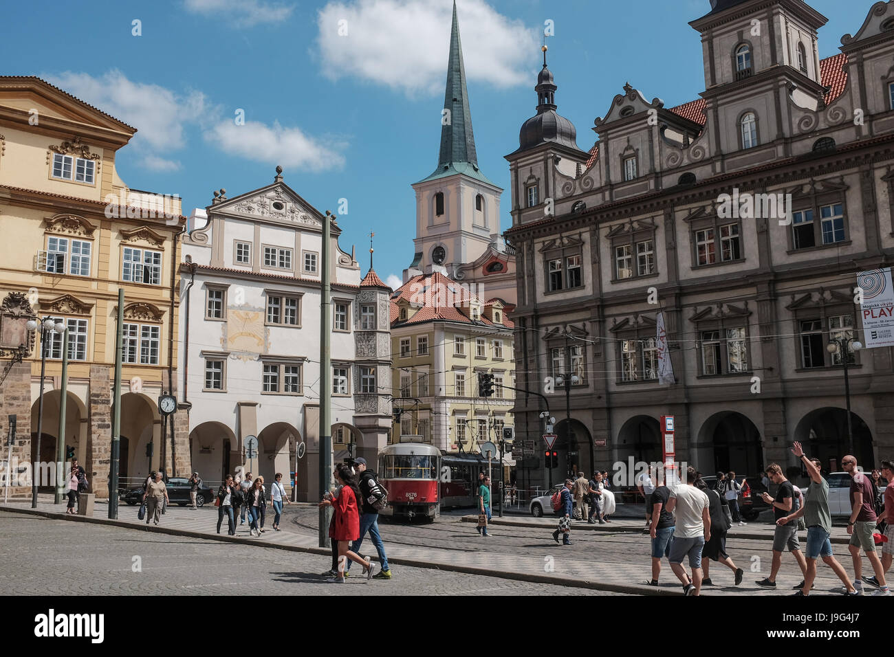 A view of streets in Mala Strana on the left, west, bank of the river Vltava, on the slopes just below the Prague Castle. Stock Photo