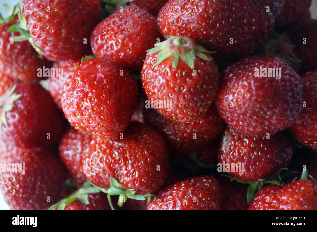Red ripe strawberry fruit with green leaves Stock Photo - Alamy