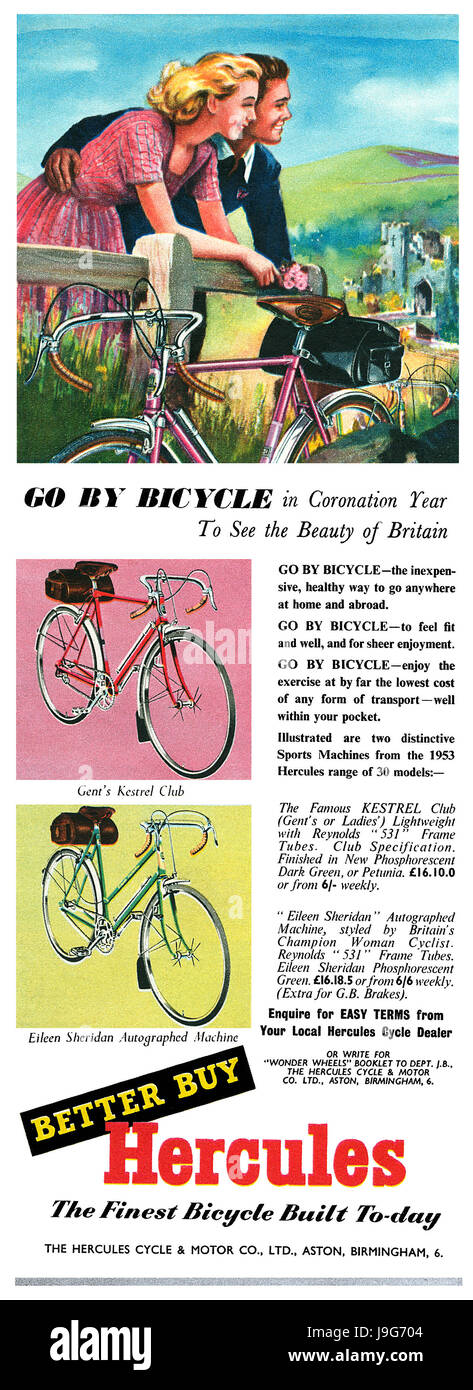 1953 British advertisement for Hercules bicycles. Stock Photo