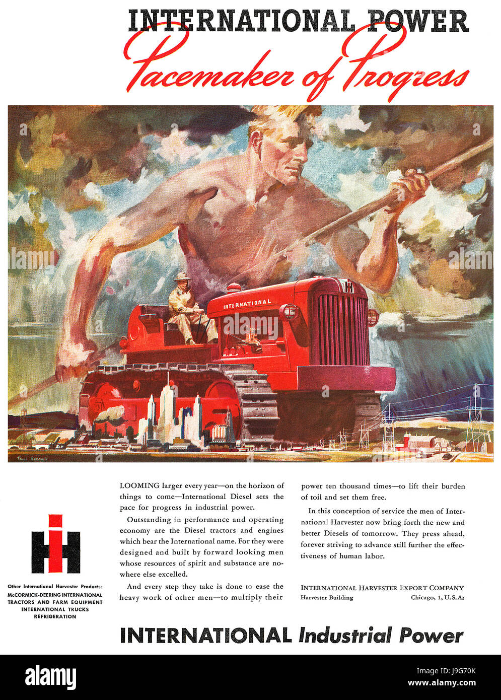 1947 U.S. advertisement for International Harvester diesel tractors. Stock Photo