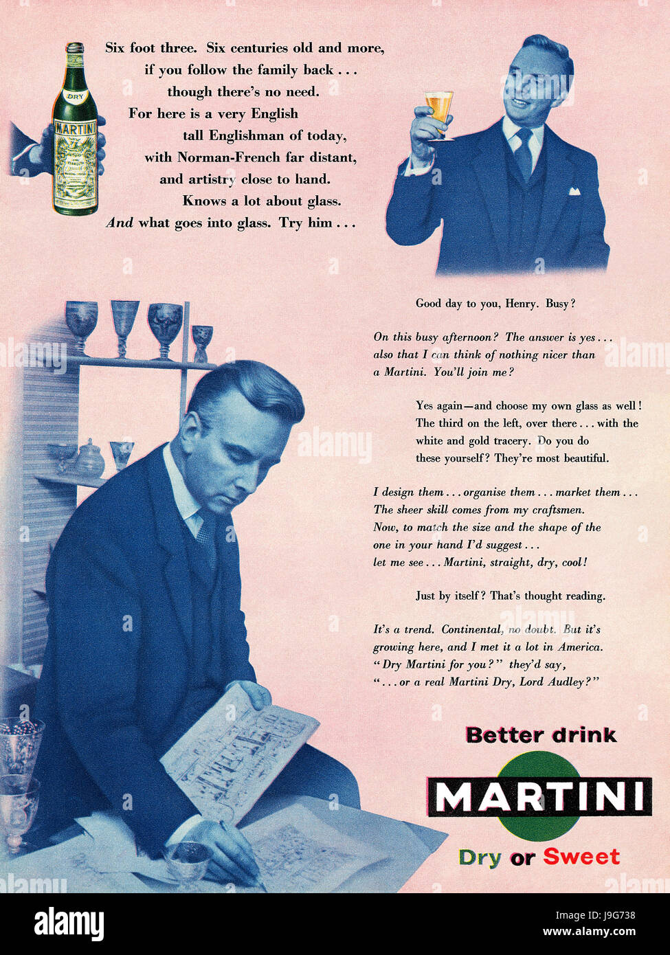 1956 British advertisement for Martini Vermouth, featuring Thomas Percy Henry Touchet-Jesson, 23rd Baron Audley. Stock Photo