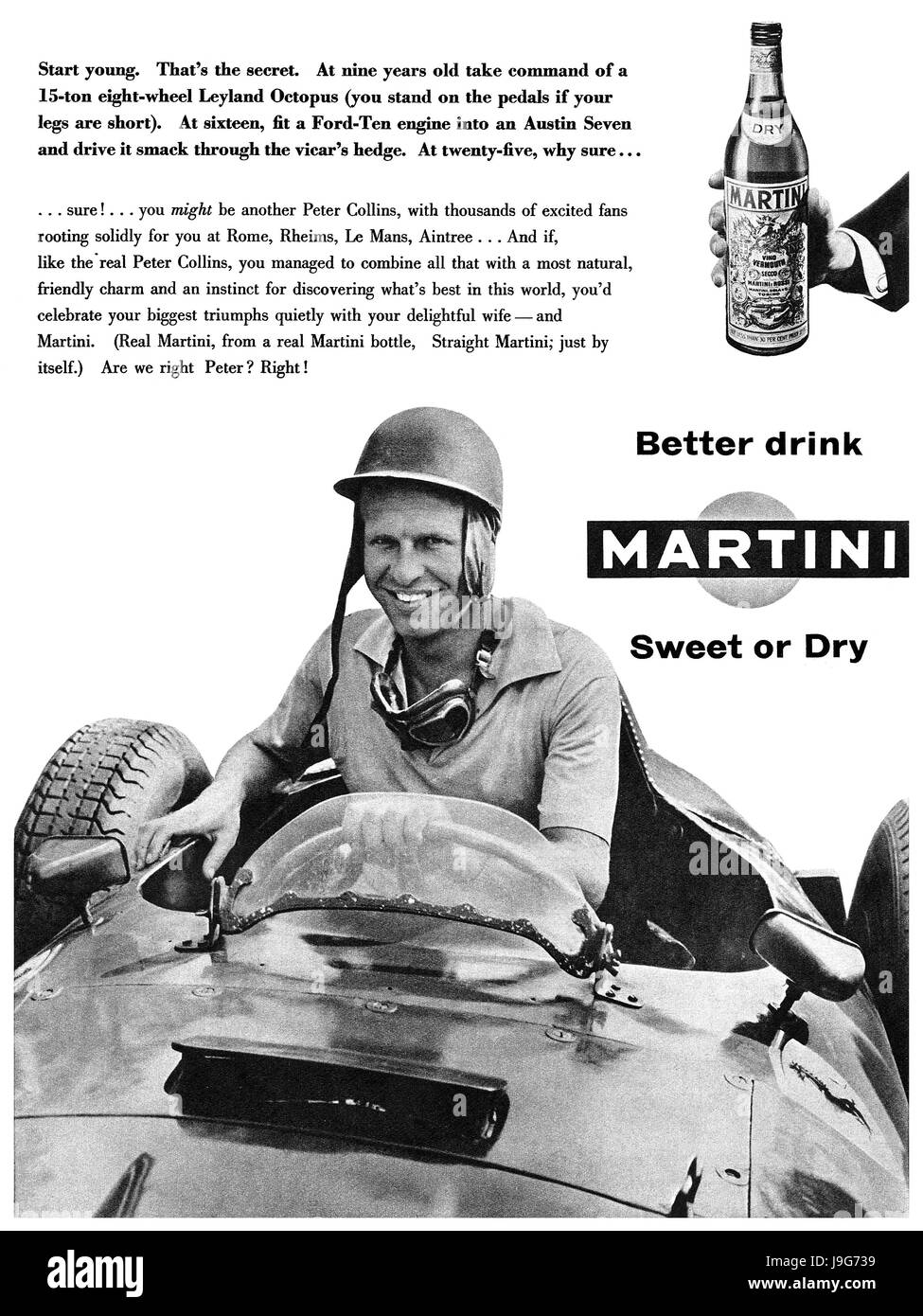 1957 British advertisement for Martini Vermouth, featuring Formula 1 racing driver Peter Collins. Collins died the following year at the Nurburgring in Germany. Stock Photo