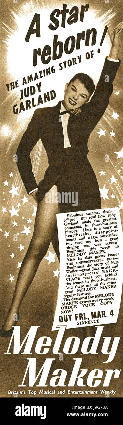 1955 British advertisement for the Melody Maker music magazine, featuring actress Judy Garland. Stock Photo