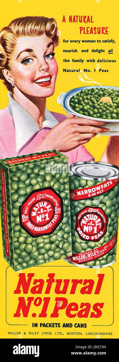 1952 British advertisement for Natural No. 1 Peas by Willer & Riley. Stock Photo