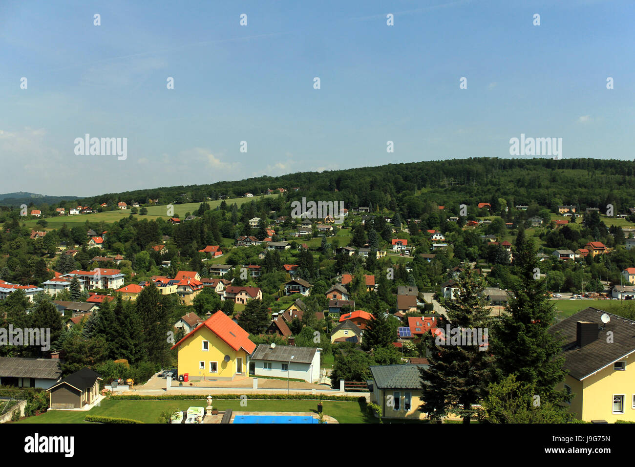 houses, tree, trees, fields, lower austria, colonies, scenery, countryside, Stock Photo