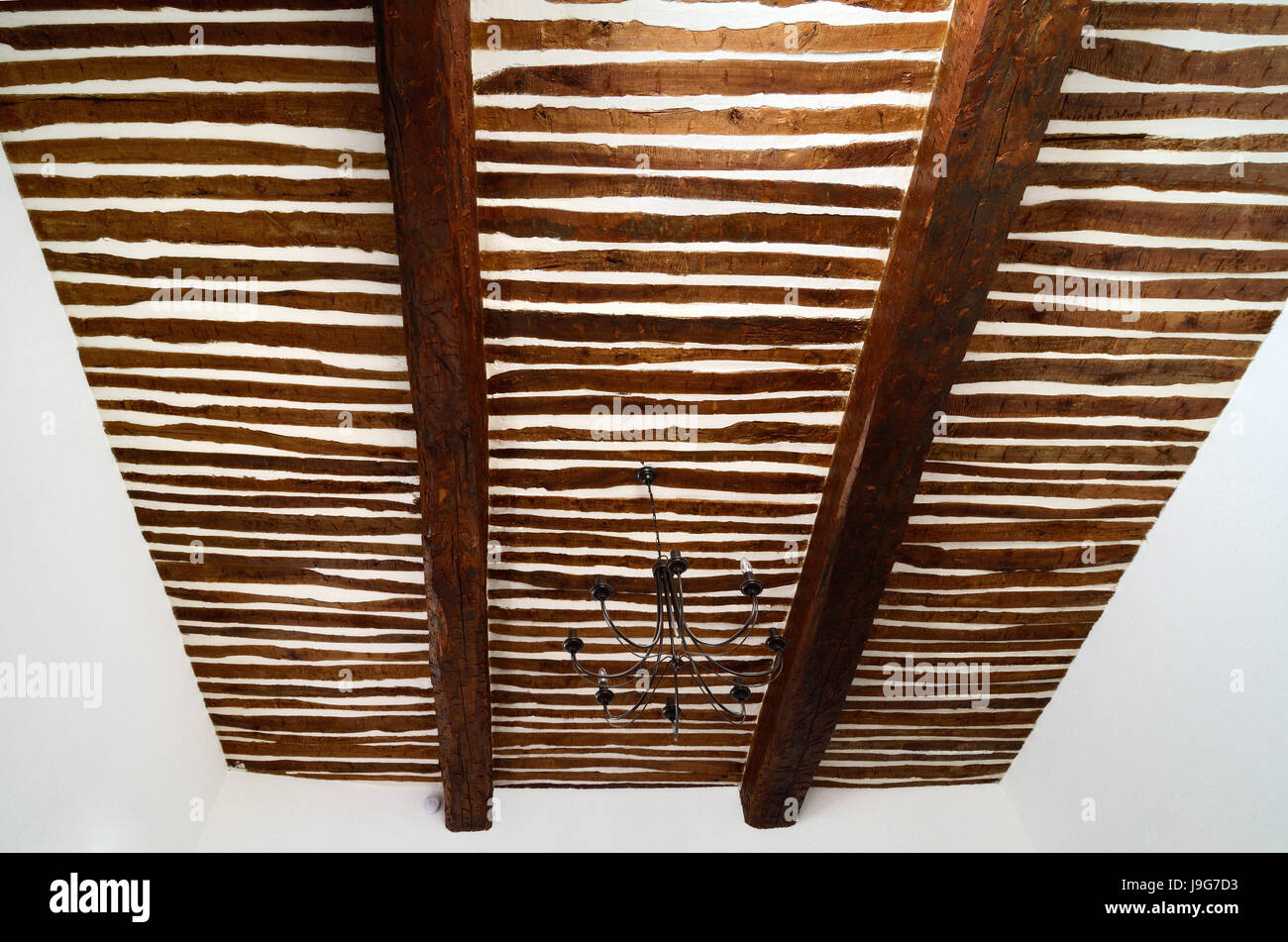 Traditional Provençal Ceiling with Alternating Planks and Plaster Construction (Wattle and Daub) Provence France Stock Photo