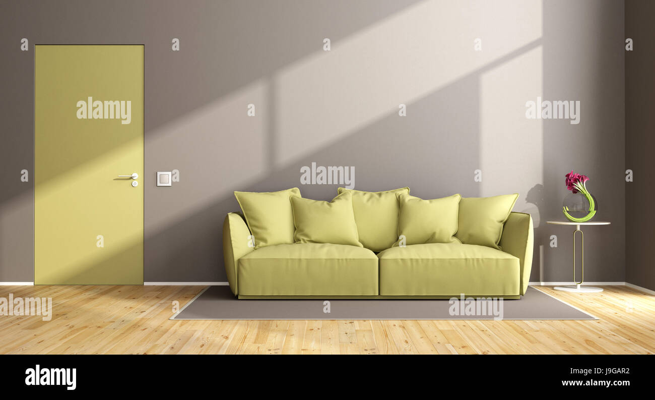 Brown and green living room with elegant sofa and closed door 3d