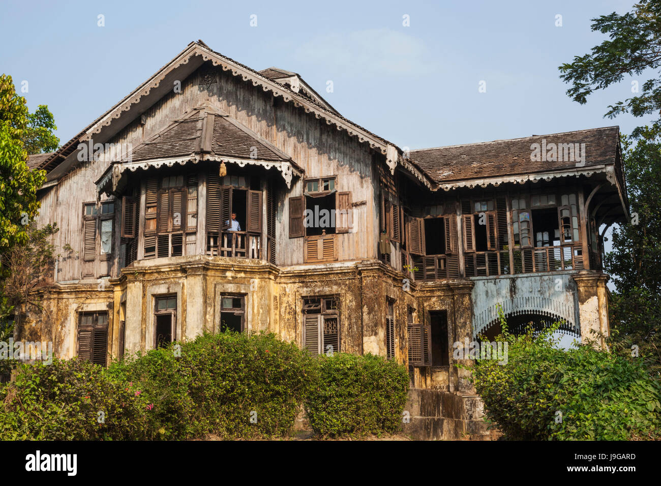 Myanmar, Yangon, Decaying Traditional Style Burmese Mansion Stock Photo
