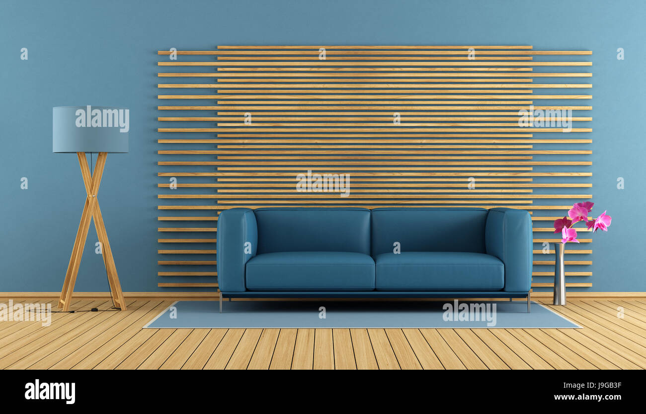 Blue modern living room with sofa and decorative wooden panel - 3d ...